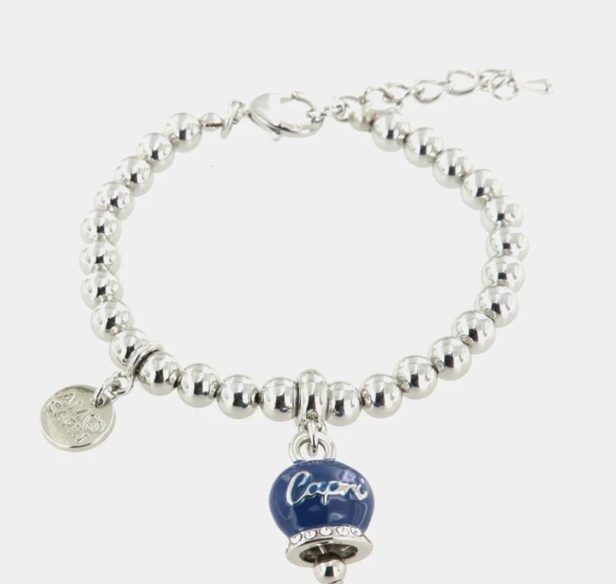 amo capri - Bracciale in Metallo maglia a sfere, con campanella scritta capri pendente impreziosita da cristalli e smalto blu