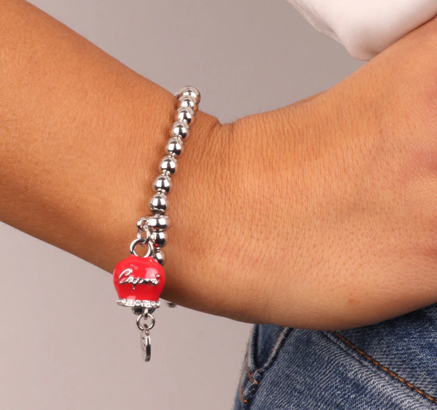 amo capri - Bracciale in Metallo maglia a sfere con campanella rossa con scritta Capri e cristalli bianchi