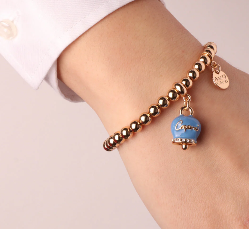 amo capri - Bracciale in Metallo con campanella portafortuna blu cobalto, con scritta Capri