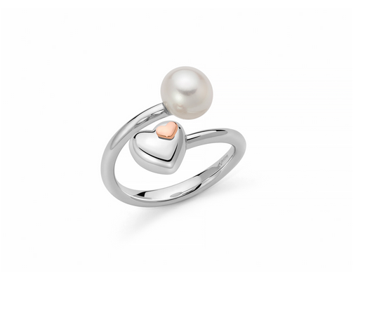 Miluna - Anello in argento contrarié con cuore e perla