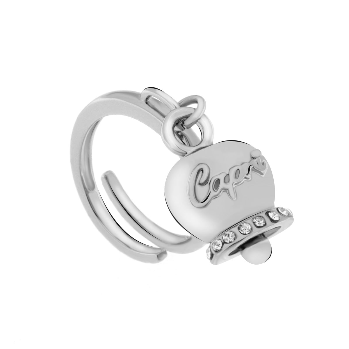 amo capri - Anello in Metallo con campanella portafortuna pendente impreziosita da cristalli e scritta Capri a rilievo