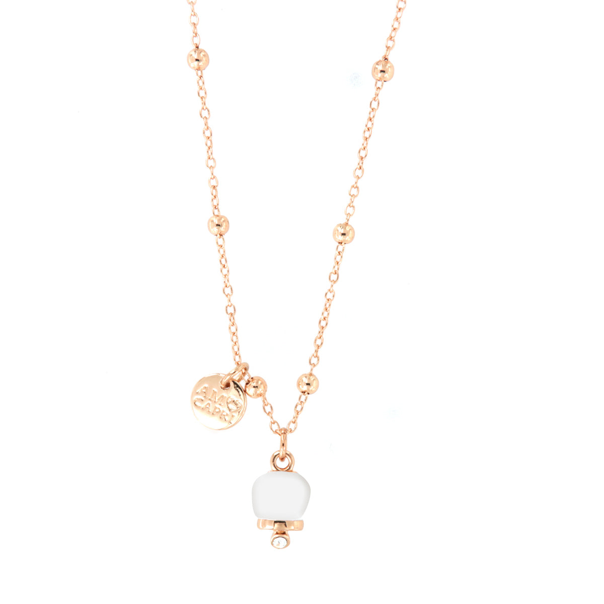 amo capri - Collana in Metallo con campanella portafortuna pendente, impreziosita da smalto bianco e cristalli