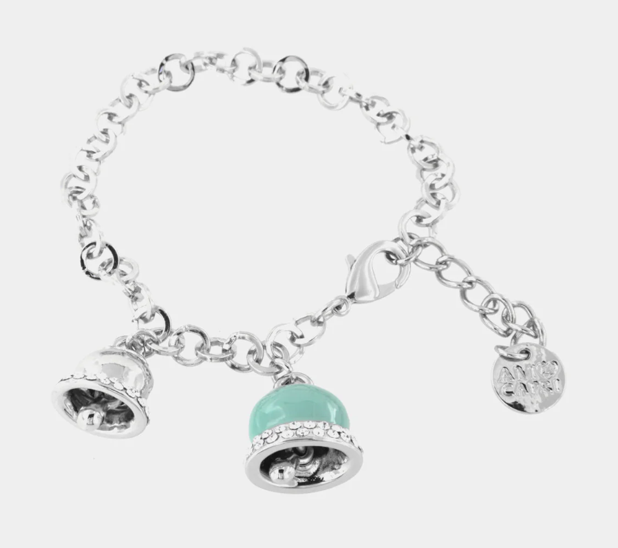amo capri - Bracciale in Metallo maglia rolò con campanelle pendenti, impreziosite da smalto verde e cristalli