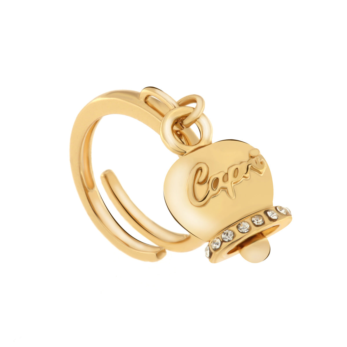 amo capri - Anello in Metallo con campanella portafortuna con scritta Capri a rilievo e cristalli bianchi