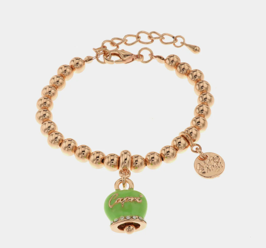 amo capri - Bracciale in Metallo con campanella portafortuna verde lime, con scritta Capri