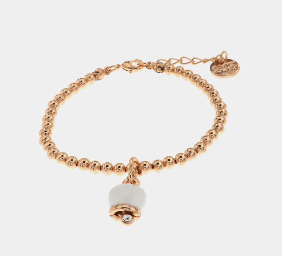amo capri - Bracciale in Metallo maglia a sfere con campanella portafortuna pendente bianca impreziosita da cristalli