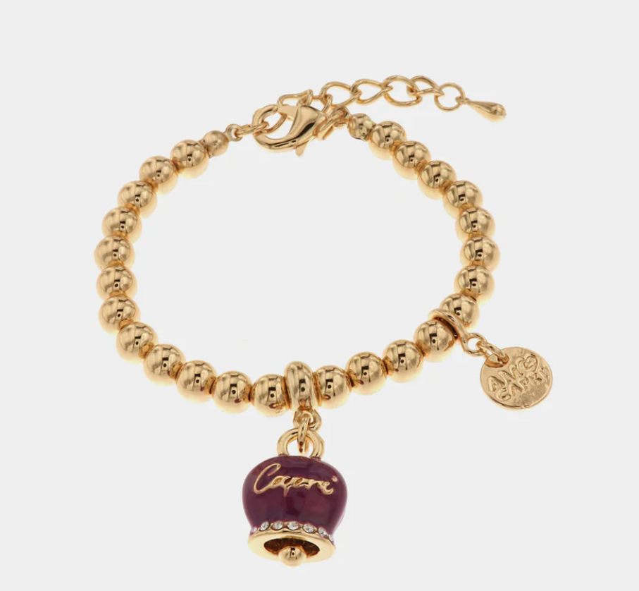 amo capri - Bracciale in Metallo con campanella pendente viola con scritta Capri
