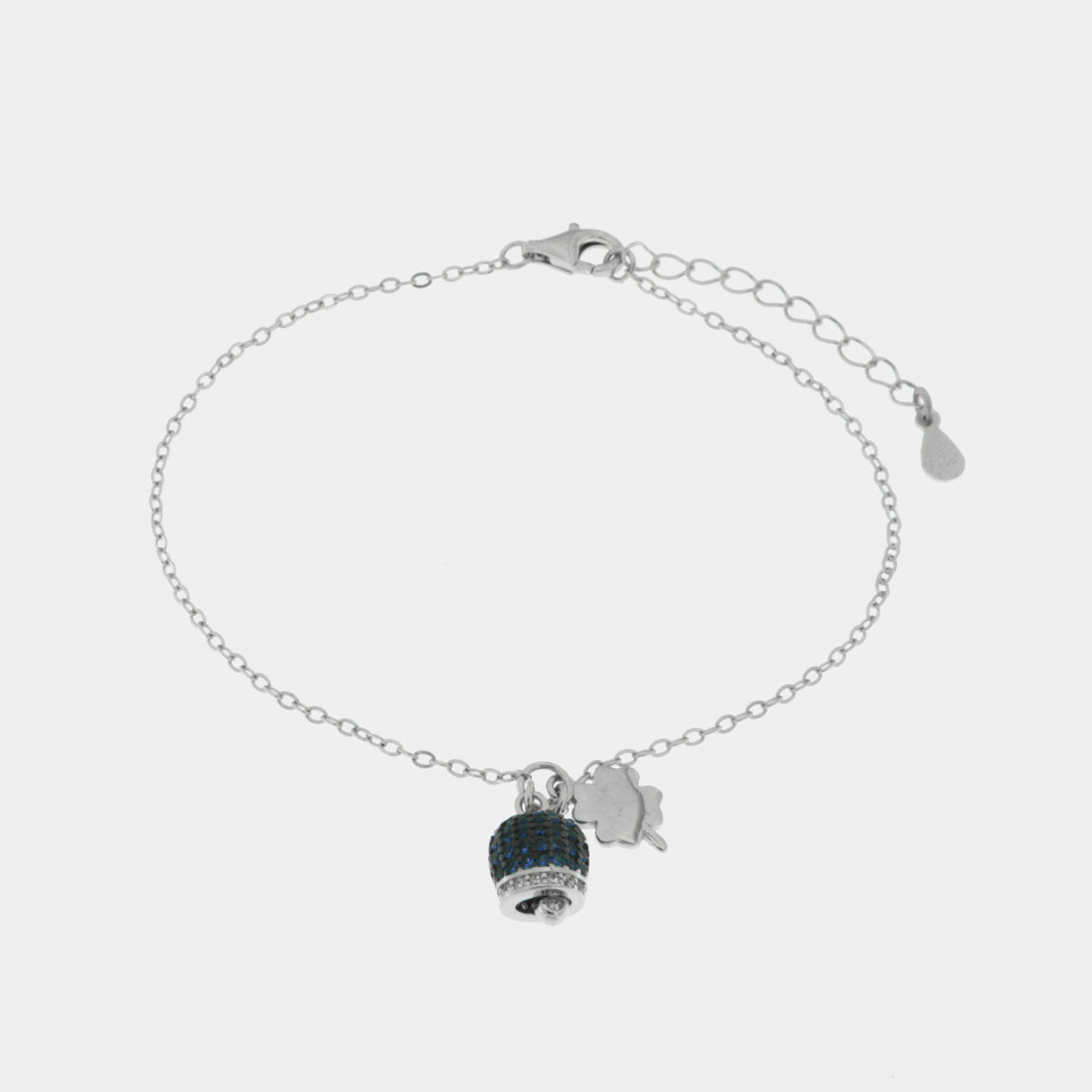 amo capri - Bracciale in Argento 925 campanella portafortuna impreziosito da zirconi blu e quadrifoglio