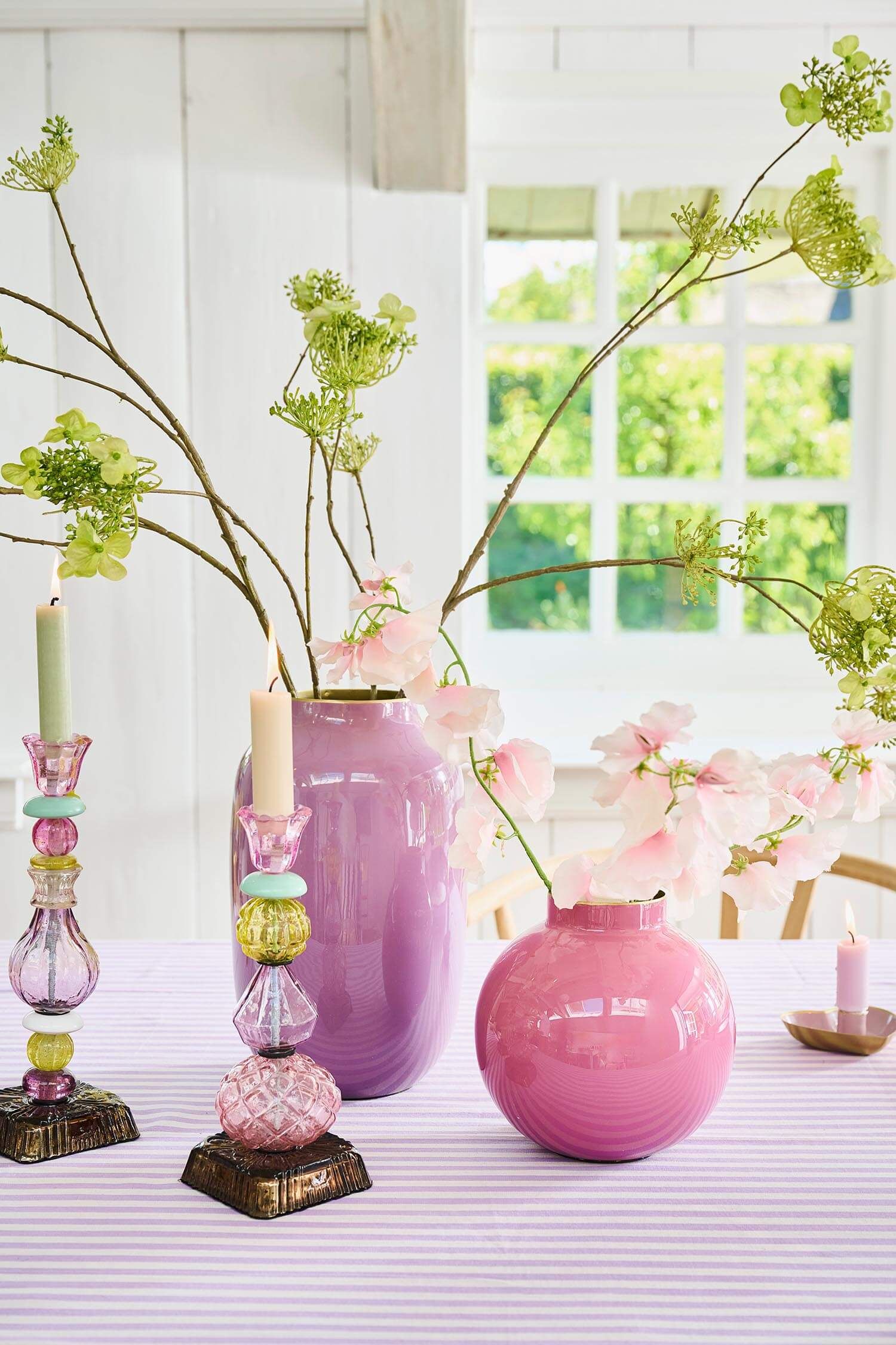 CANDLE HOLDER GLASS BEADS LILAC 28CM