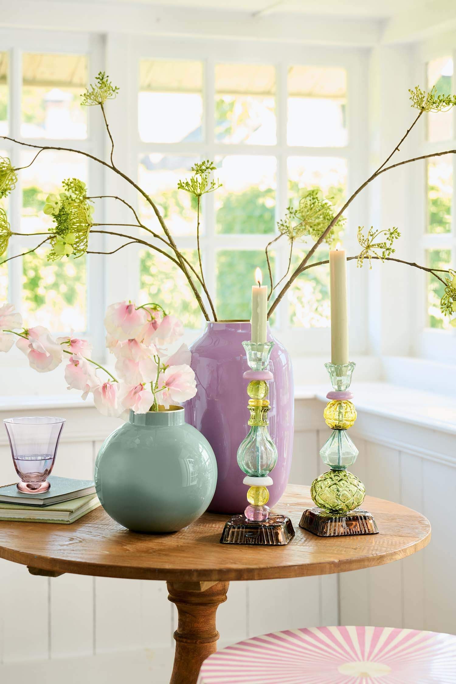 CANDLE HOLDER GLASS BEADS GREEN 28CM