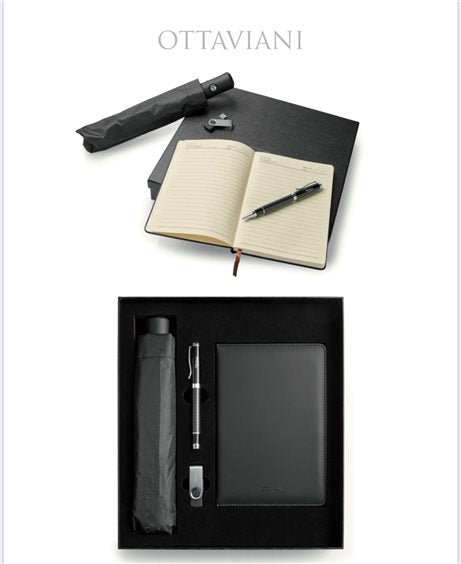 SET CON TACCUINO, PENNA, CHIAVETTA USB E OMBRELLO