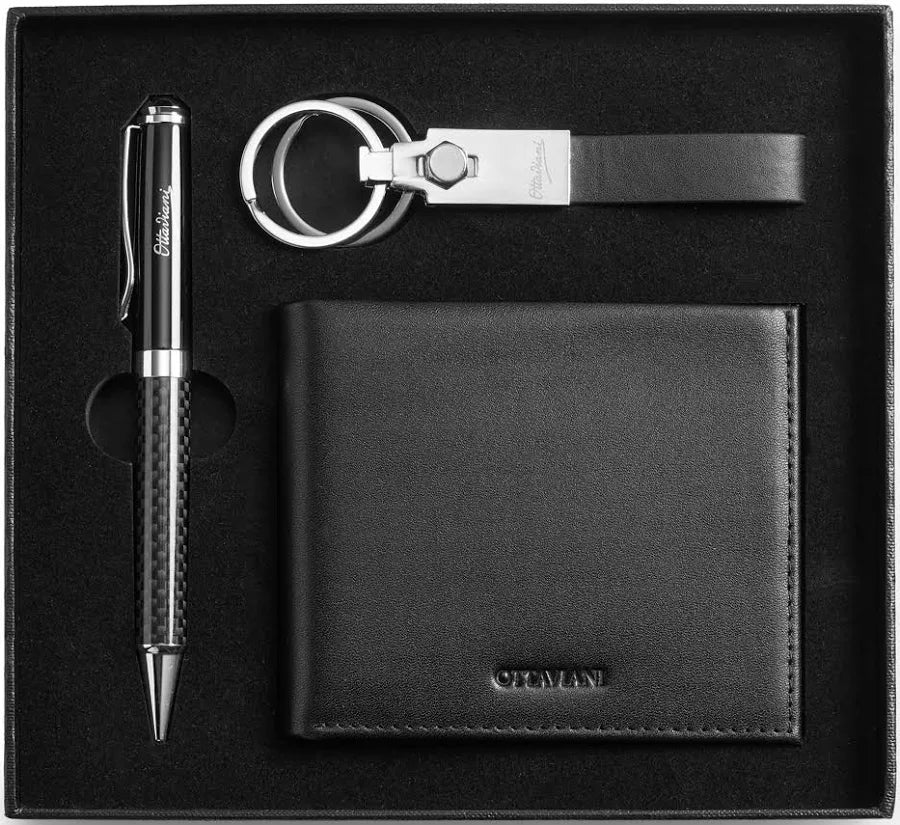 SET CON PENNA, PORTACHIAVI, PORTAFOGLIO IN VERA PELLE