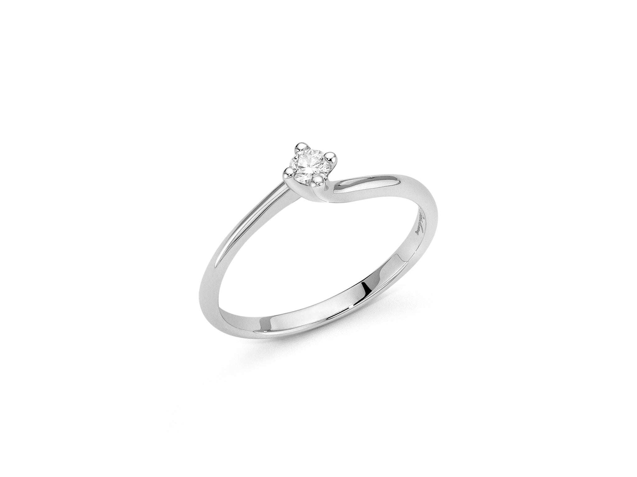Solitario con diamante a valentino con griffe arrotondate in oro bianco - Miluna
