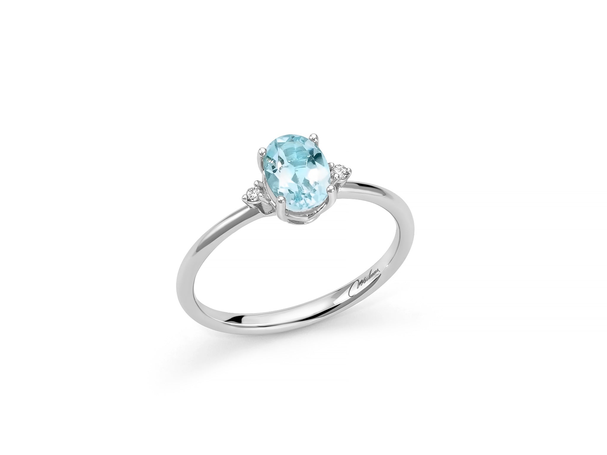 Anello con Gemma del Cielo ovale affiancata da diamanti in oro bianco 375 - Miluna