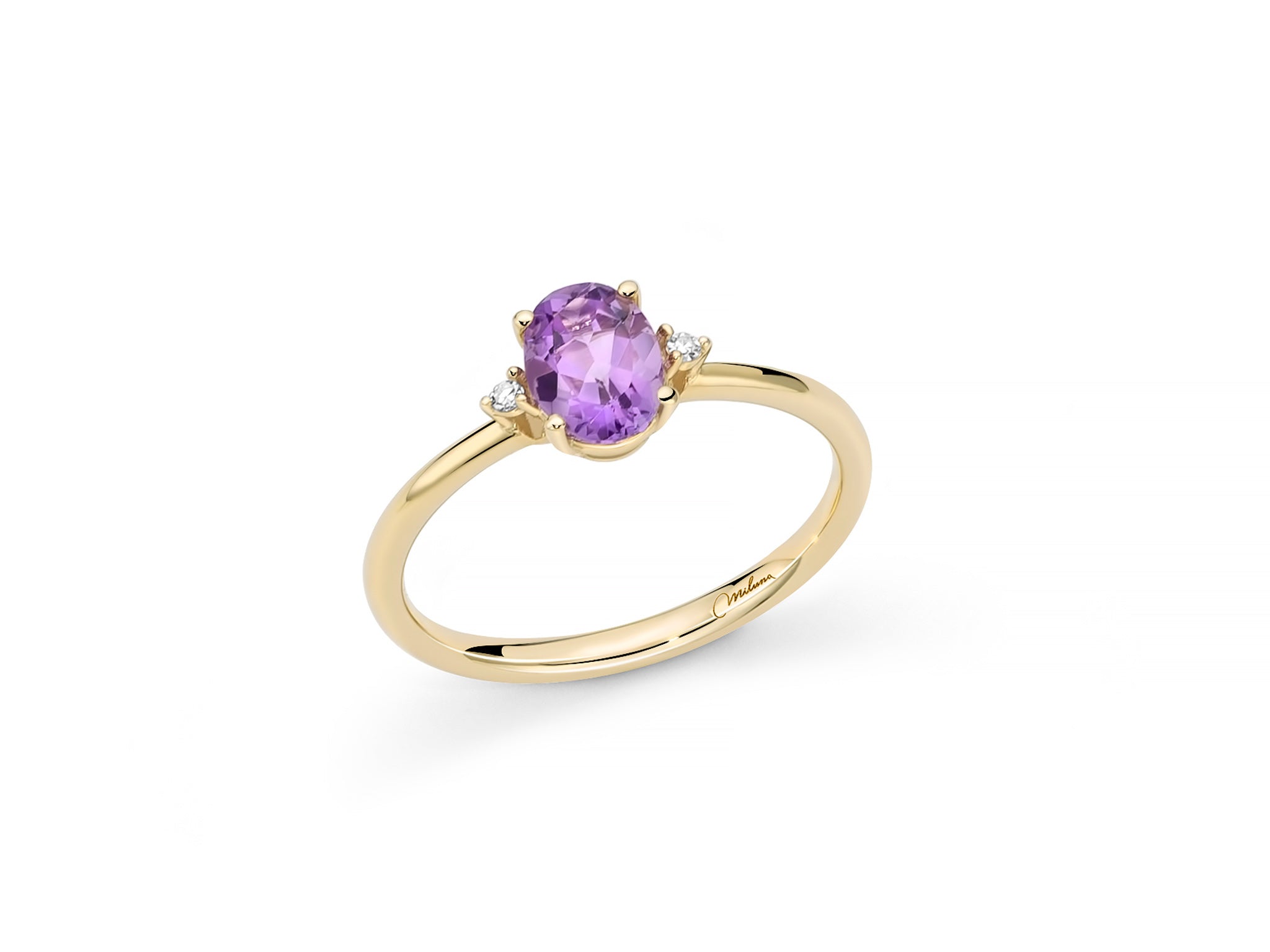 Anello con ametista ovale affiancata da diamanti in oro bianco 375 - Miluna