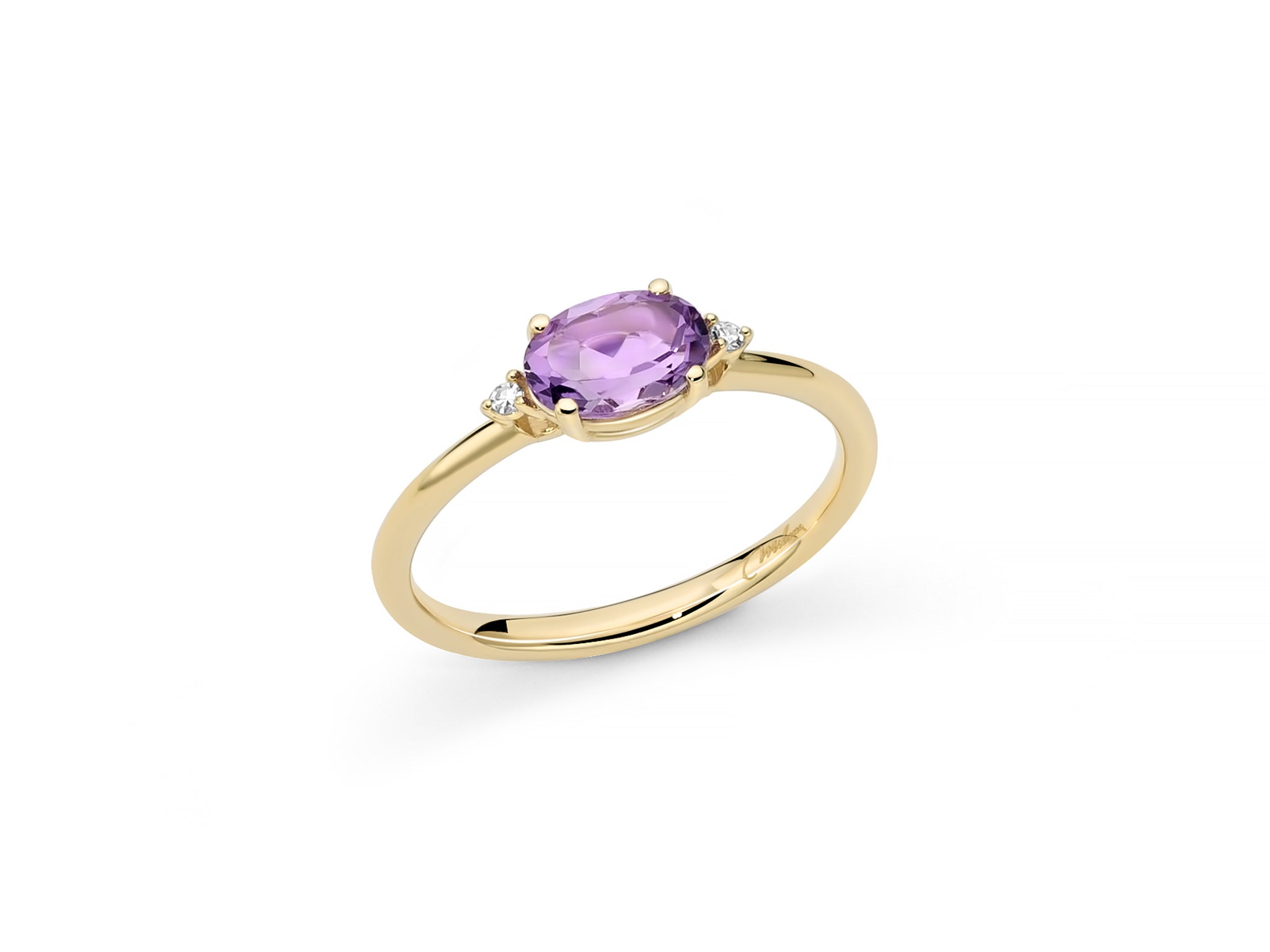 Anello con ametista ovale orizzontale affiancata da diamanti in oro bianco 375 - Miluna