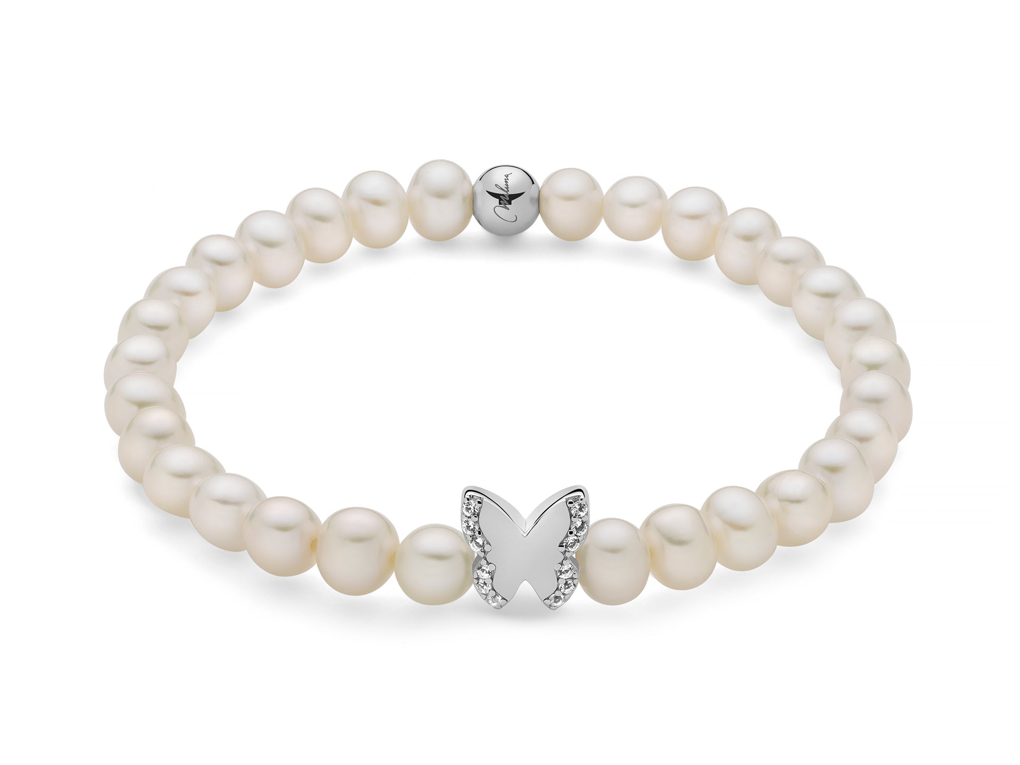 Bracciale di perle Oriente con elastico e farfalla in argento Miluna