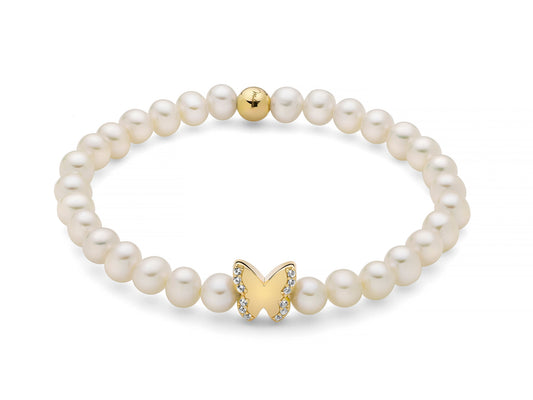 Bracciale di perle Oriente con elastico e farfalla in argento dorato Miluna