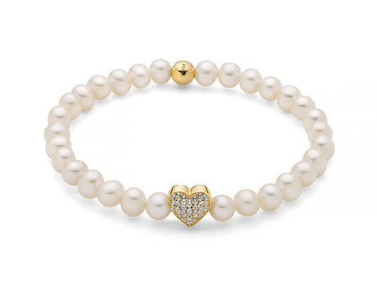 Bracciale di perle Oriente con elastico e cuore in argento dorato e topazi