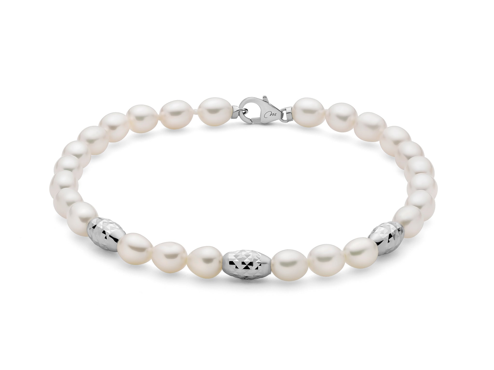 Bracciale Pepite di perle 5-5,5 con tre elementi in argento diamantato - Miluna