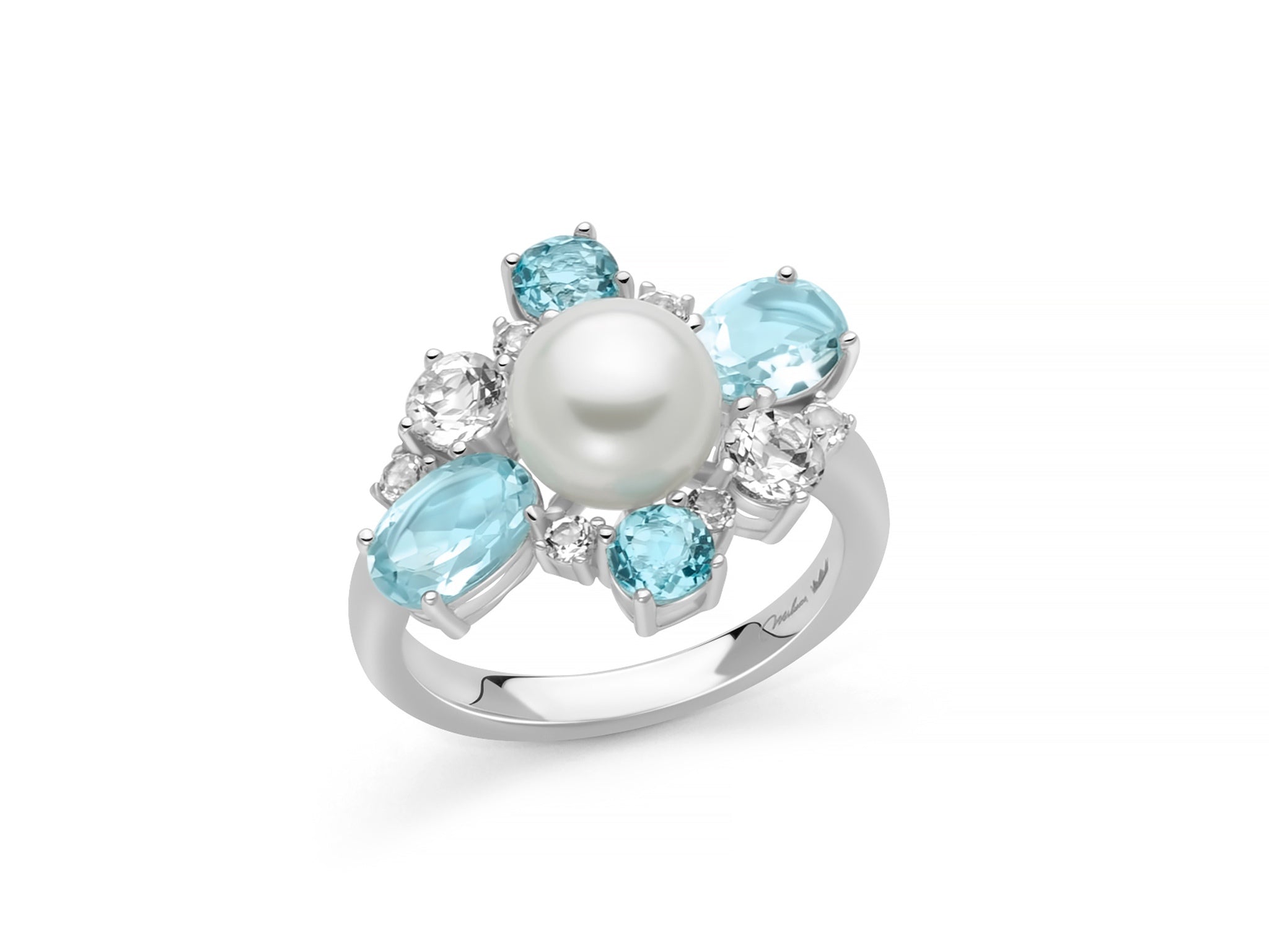ANELLO CELESTIA CON PERLA ORIENTE QUATTRO GEMMA DEL CIELO E TOPAZI BIANCHI