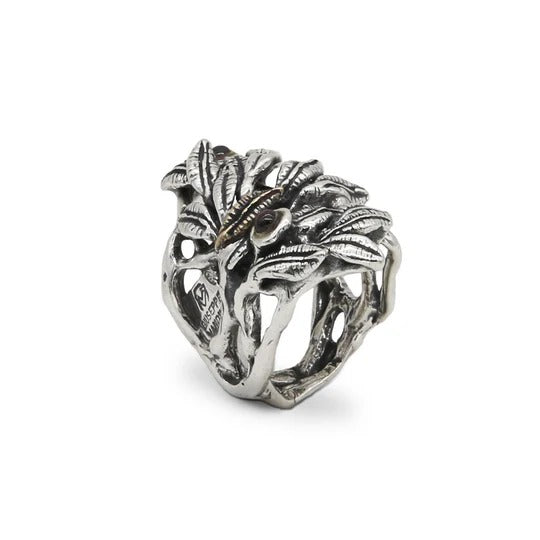 Anello Regina fascia foglioline argento 925 e bronzo e pietra naturale cobochon - AR045 Mandile
