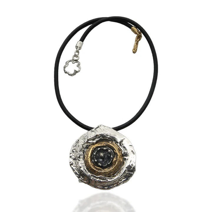 Pendente Sasso nello stagno anello esterno argento 925 bronzo cordino vero cuoio - CR125 Mandile
