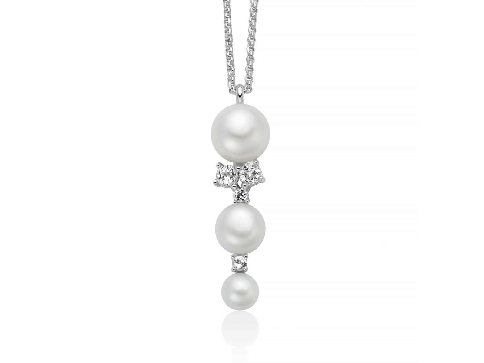 COLLANA ANDROMEDA CON PENDENTE DI QUATTRO PERLE ORIENTE A SCALARE E TOPAZI BIANCHI