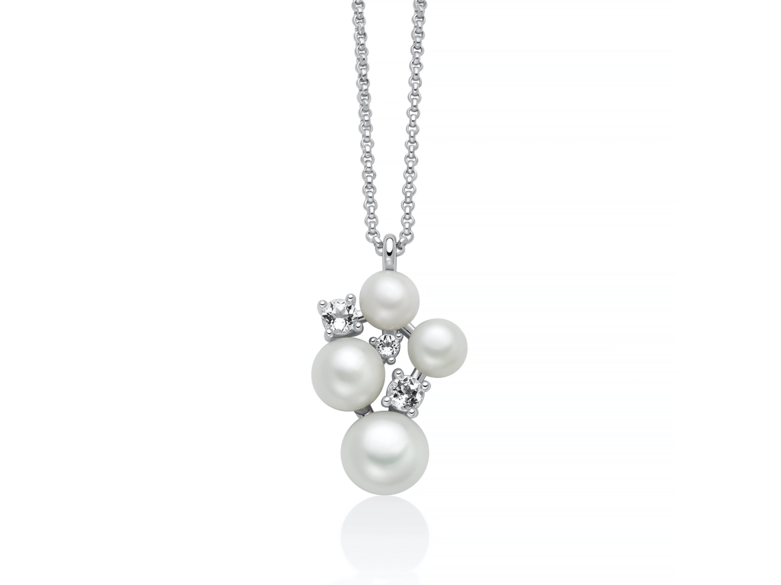 COLLANA ANDROMEDA CON PENDENTE DI QUATTRO PERLE ORIENTE E TOPAZI BIANCHI