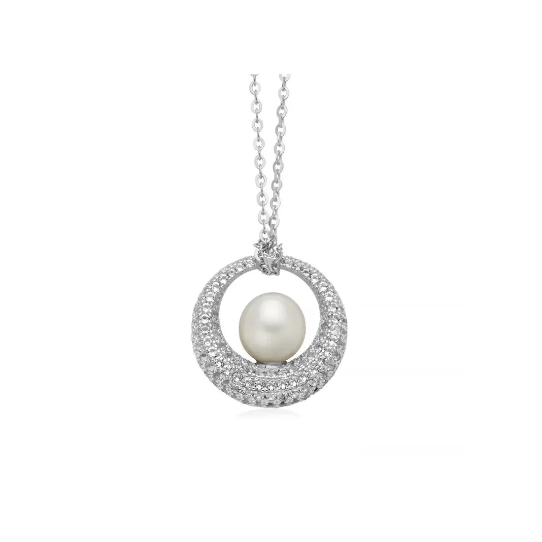 COLLIER VENERE CON PENDENTE IN ARGENTO, PERLA ORIENTE E PAVE' DI TOPAZI BIANCHI