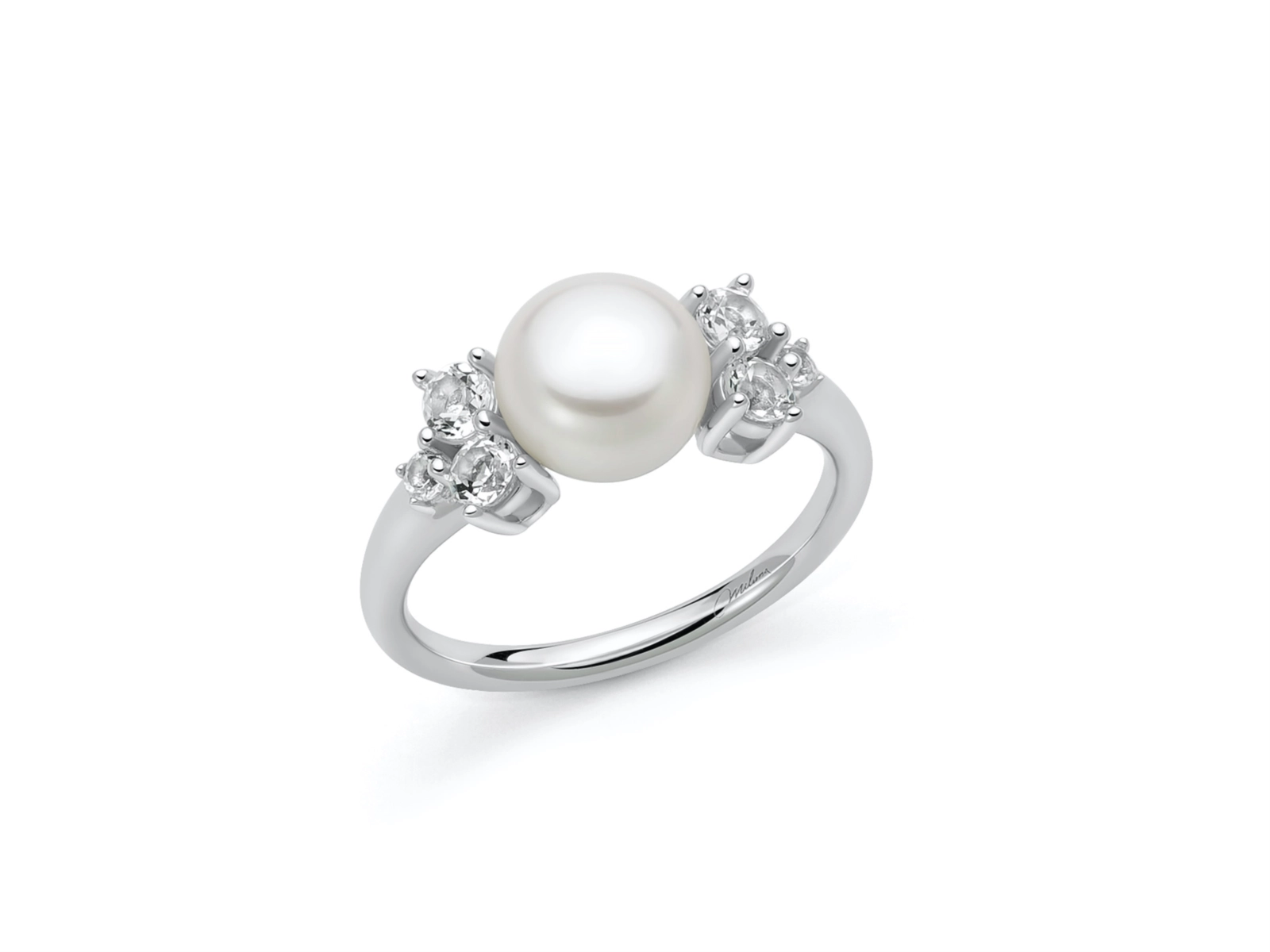ANELLO ANDROMEDA CON PERLA ORIENTE CIRCONDATA DA TOPAZI BIANCHI